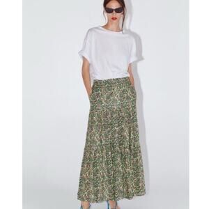 Zara Green Floral Tiered Peasant Maxi Skirt